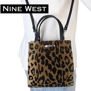 Nine West Mini Crossbody Top Handle Bag Brown Black Leopard Faux Fur Convertible